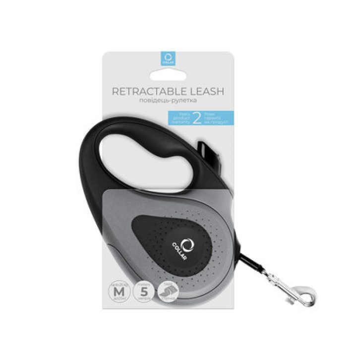 Поводок-рулетка CoLLaR для собак, размер M, 25 кг, 5 м, светоотражающая лента, черная